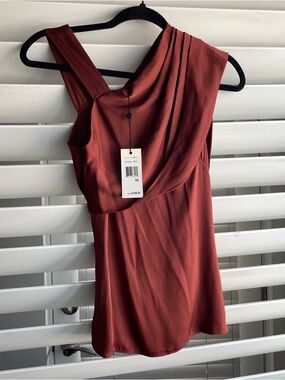 Leon Max Max Studio Asymmetrical Sleeveless Silk Blouse in Cognac color XS